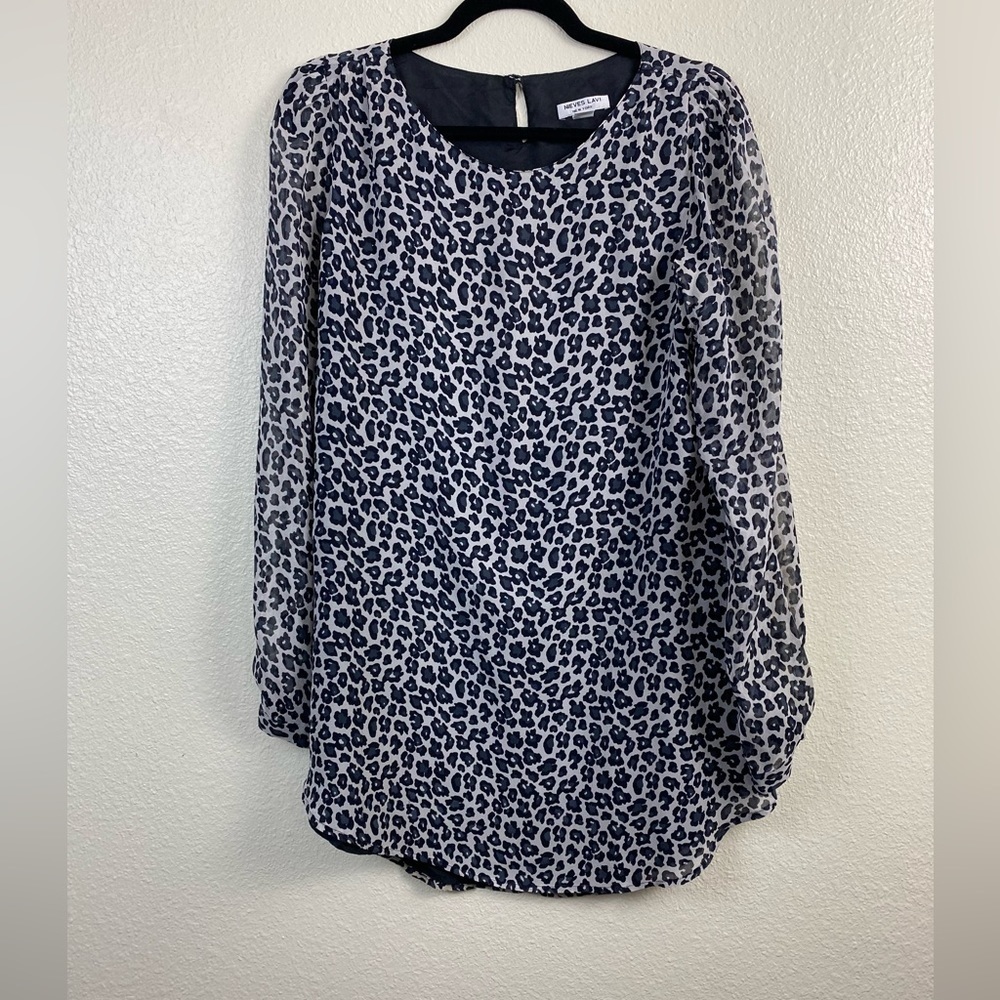 Nieves Lavi Silk Leopard Animal cocktail Long Sleeve Tunic Mini Shirt Dress sz 2